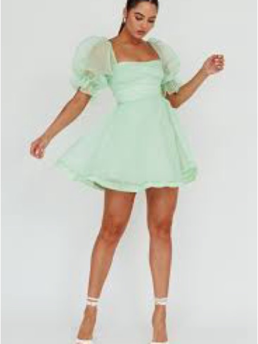 Sheer Puff-Sleeve Mini Dress in Mint